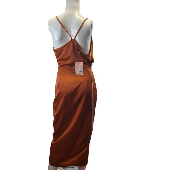 Missguided Rust Asymmetrical Strap Drape Satin Midi Dress Size 2 NWT - Picture 2 of 16